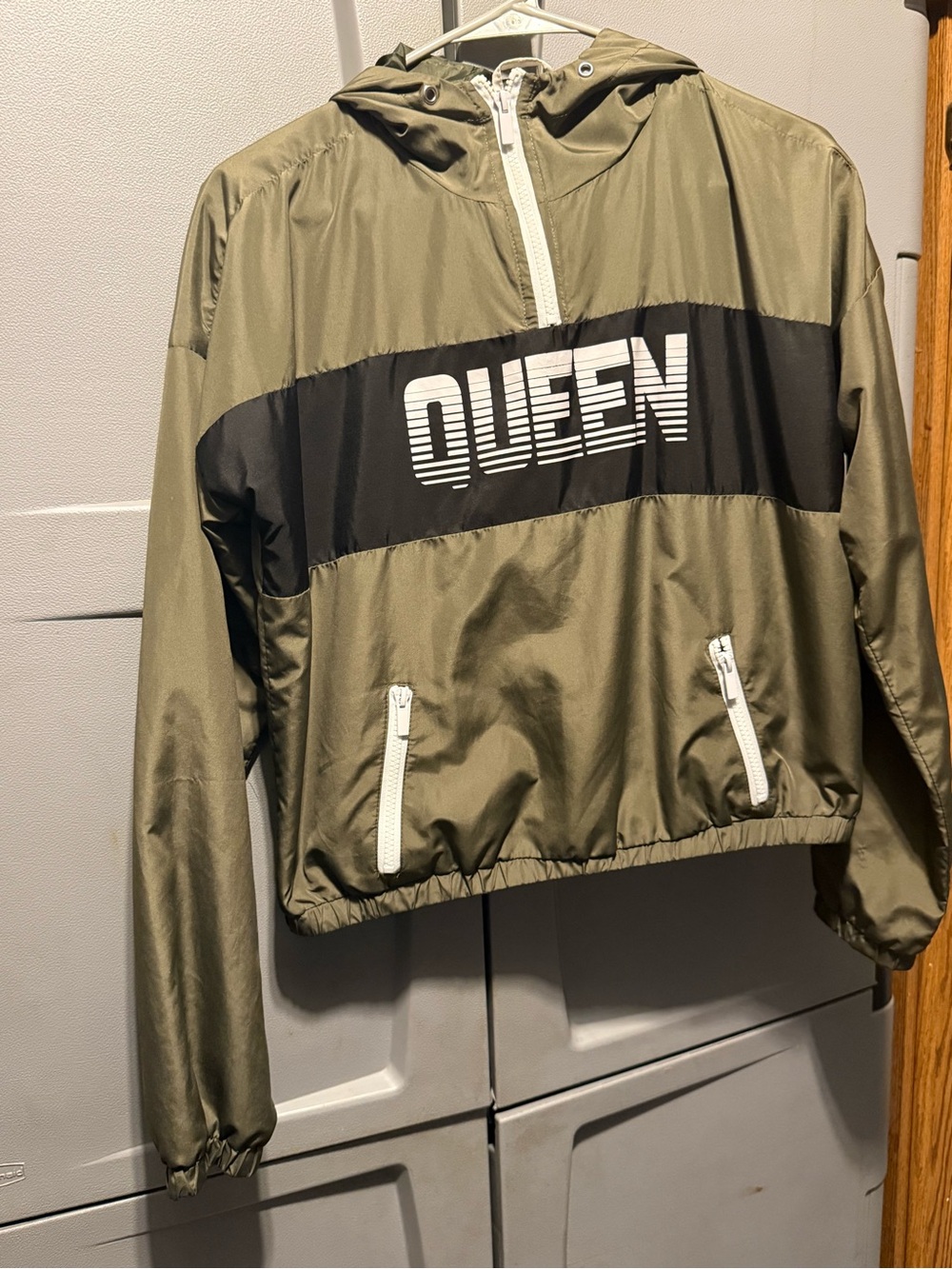 Rue21 Olive Green and Black Hooded Bomber Jacket with QUEEN Graphic